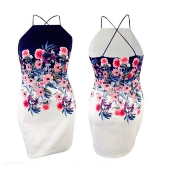 GUESS Floral-Print Open-Back Sheath Dress White Blue Size 14 - Picture 4 of 11